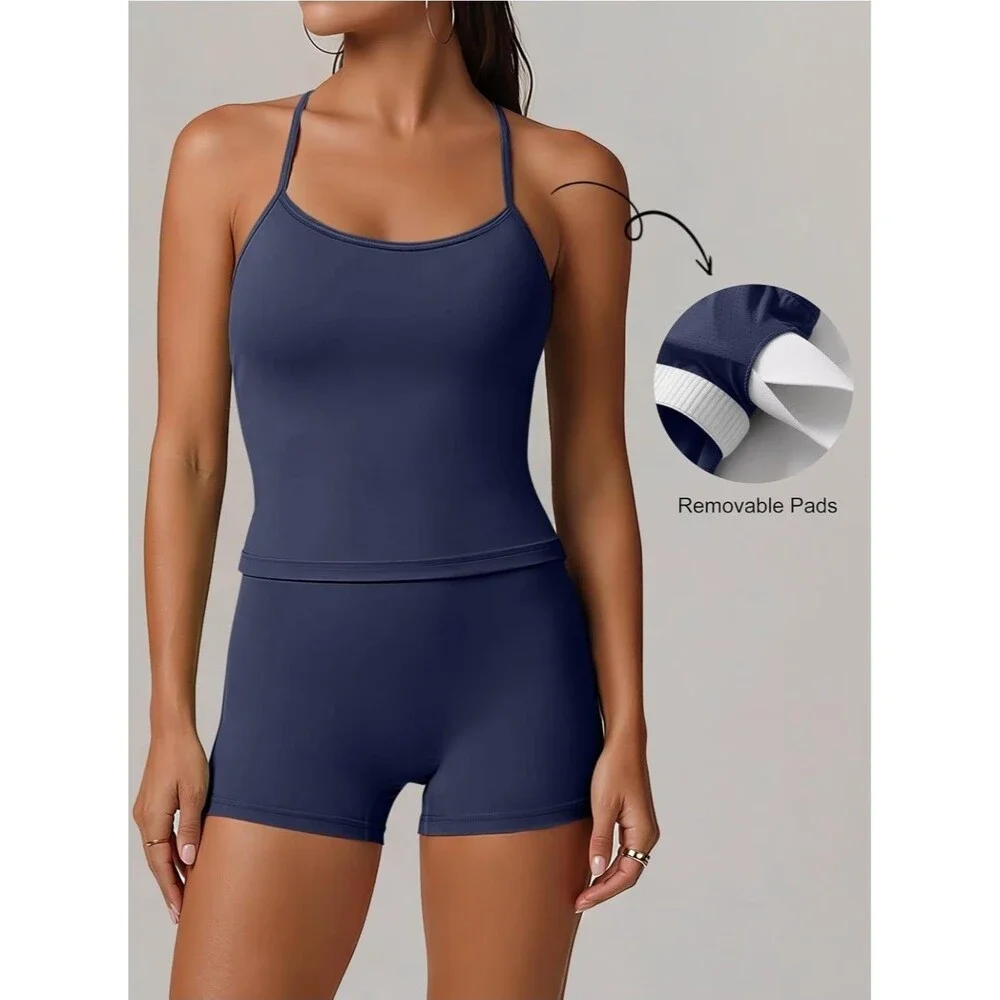 Women Workout Set Built in Bra 2 Pc Outfits Tank Tops Tummy Control Short B23